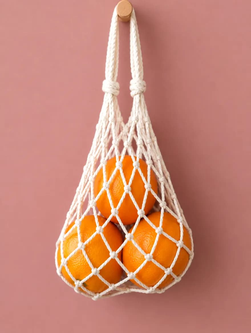 A small cream cotton string bag holding three oranges, hanging from a peg